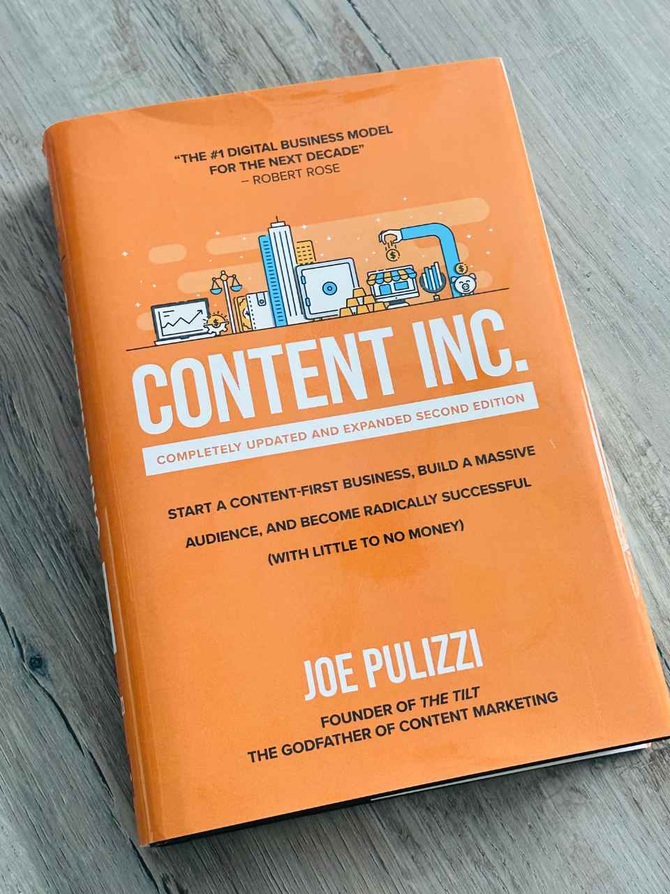 picture of the book content, inc on a grey wooden table